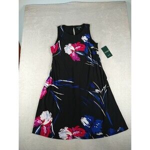 New Lauren Ralph Lauren Sleeveless Shift Swing Dress Size 8 Black Floral